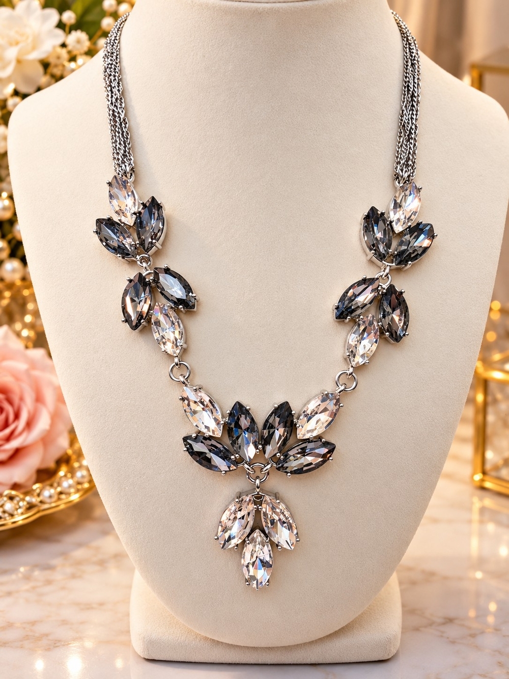 Crystal Leaf Statement Necklace - Silver Tone with Smoke and Clear Crystals